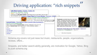 Driving application: “rich snippets”
Schema.org covers not just news but music, restaurants, people, organizations,
reviews, offers...
Snippets, and better search-ability generally, are motivation for Google, Yahoo, Bing
to push schema.org
 