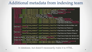 Additional metadata from indexing team
In database, but doesn't necessarily make it to HTML.
 