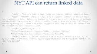 NYT API can return linked data
{
"title": "Syria's Rebels Open Talks on Forging United Political Front"
"body": "BEIRUT, Lebanon — Syria ’s fractious opposition groups began
negotiations in Doha, Qatar, on Sunday to forge a more unified front to reshape
the political landscape in a bloody conflict that claims more than 100 lives
virtually every day. Given the scant prospects that any attempt to restructure
the opposition will succeed — the",
"dbpedia_resource_url": [
"http://dbpedia.org/resource/Hillary_Rodham_Clinton",
"http://dbpedia.org/resource/Bashar_al-Assad"],
"facet_terms": "CLINTON, HILLARY RODHAM ASSAD, BASHAR AL- SYRIA DOHA
(QATAR) SYRIAN NATIONAL COUNCIL STATE DEPARTMENT WAR AND REVOLUTION DEFENSE AND
MILITARY FORCES"
}
 