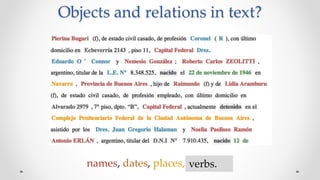Objects and relations in text?
names, dates, places, verbs.
 