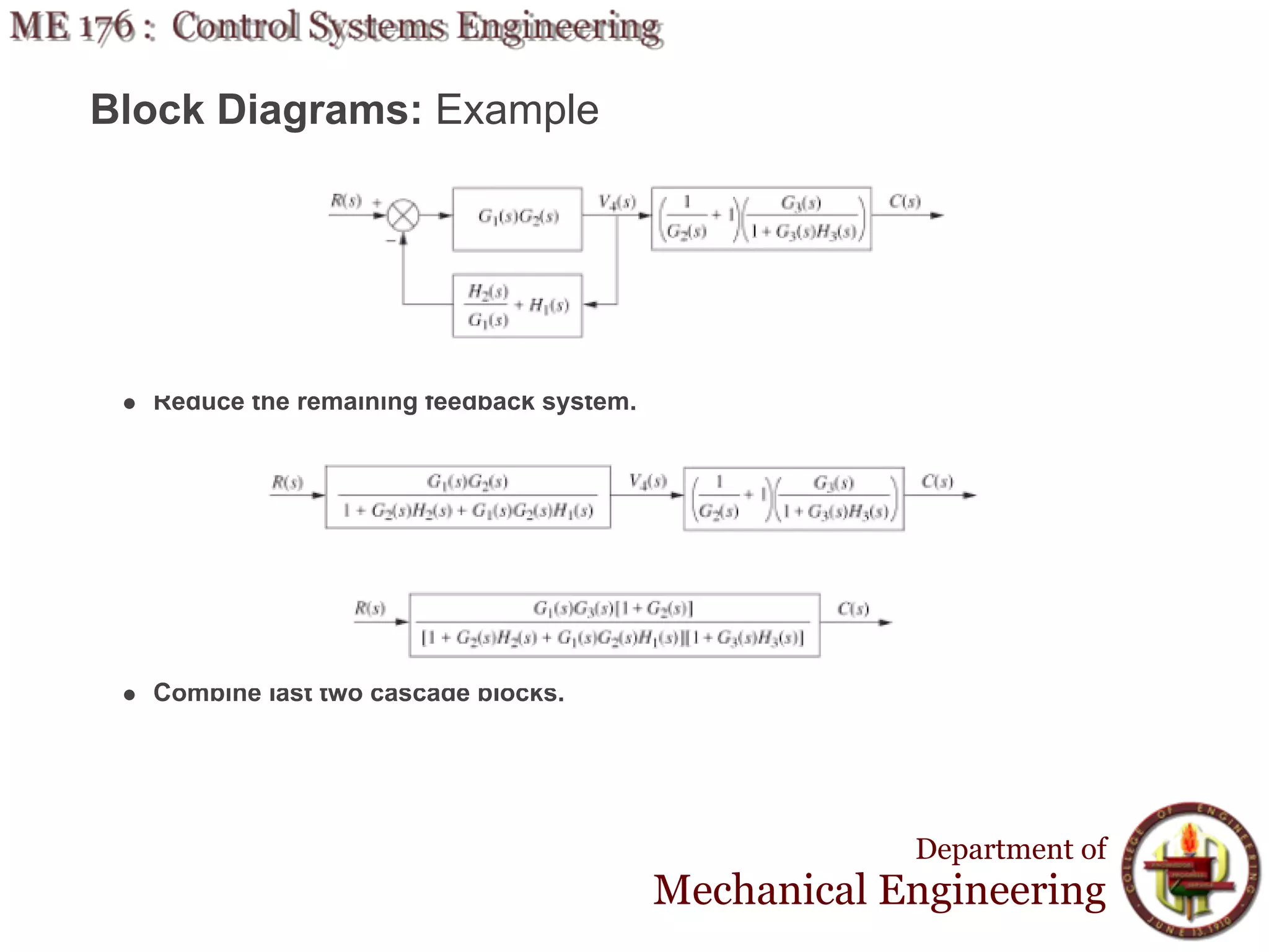 Block Diagrams: Example




  Reduce the remaining feedback system.




  Combine last two cascade blocks.




                                                      Department of
                                          Mechanical Engineering
 