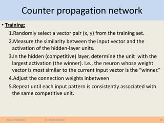 Counter propagation network
• Training:
1.Randomly select a vector pair (x, y) from the training set.
2.Measure the simila...