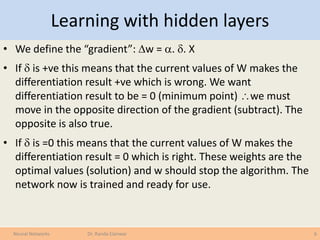 Learning with hidden layers
• We define the “gradient”: w = . . X
• If  is +ve this means that the current values of W...