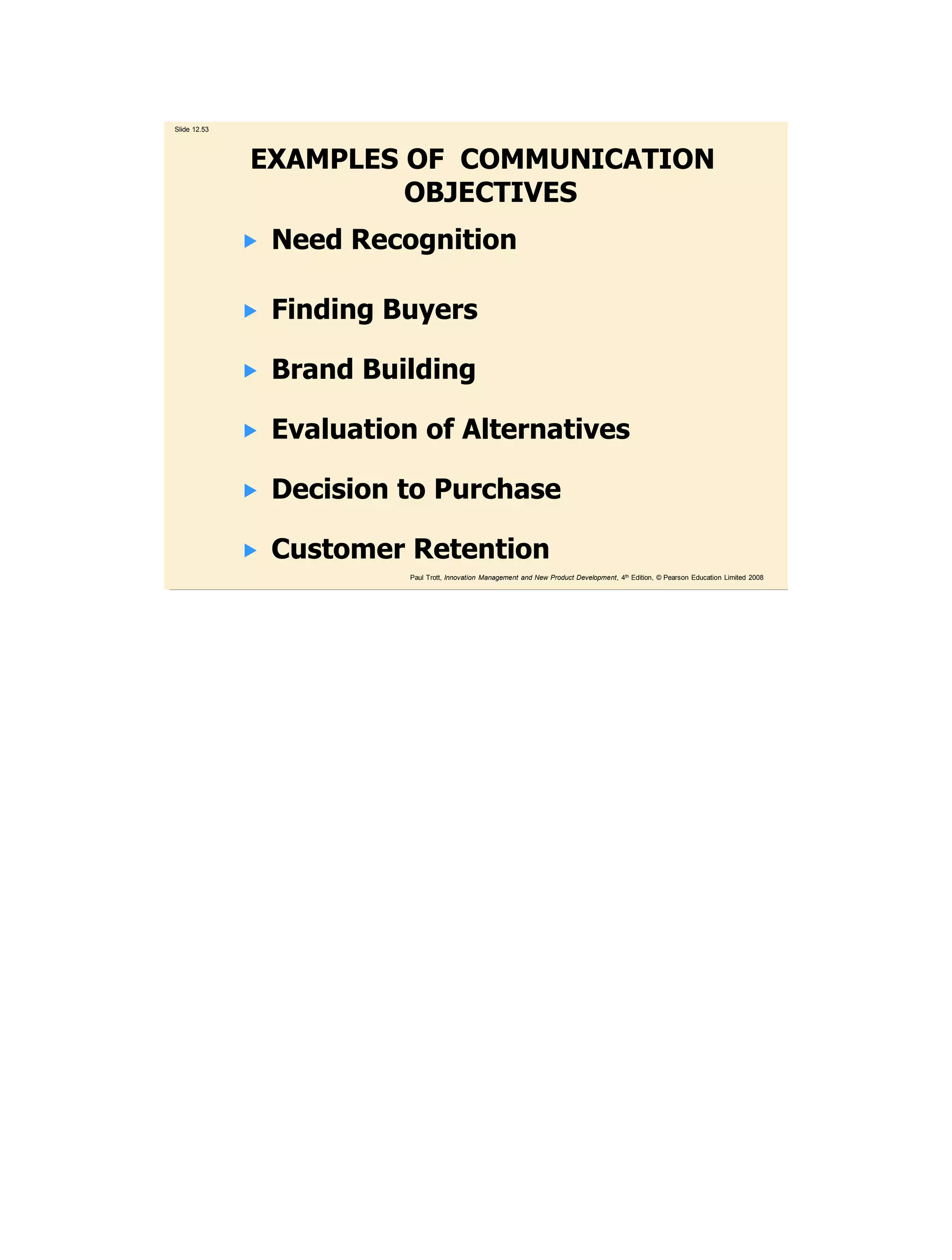 Slide 12.53




              EXAMPLES OF COMMUNICATION
                       OBJECTIVES
                 Need Recognition

                 Finding Buyers

                 Brand Building

                 Evaluation of Alternatives

                 Decision to Purchase

                 Customer Retention
                            Paul Trott, Innovation Management and New Product Development, 4th Edition, © Pearson Education Limited 2008
 