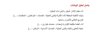 ‫المبكرة‬ ‫واإلجراءات‬ ‫المبكر‬ ‫اإلنذار‬ ‫نظام‬ ‫أداء‬
‫الكارثة‬ ‫أثناء‬ ‫المختلفة‬ ‫األنظمة‬ ‫سلوك‬
(
، ‫المنظمات‬ ، ‫المواطنون‬ ، ‫الخدمات‬ ، ‫التحتية‬ ‫البنى‬
)...
‫وشدتها‬ ‫لألضرار‬ ‫المكاني‬ ‫التوزيع‬
‫الكوارث‬ ‫مكافحة‬ ‫أنظمة‬ ‫أداء‬
(
، ‫طوارئ‬ ‫خدمات‬ ، ‫معدات‬
)...
‫والشفاء‬ ‫التعافي‬ ‫عملية‬
(
، ‫اإلسكان‬ ، ‫األساسية‬ ‫الخدمات‬ ، ‫التحتية‬ ‫البنى‬
)...
‫البيانات‬ ‫تحليل‬ ‫يشمل‬
:
 