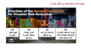 (1)
‫مخاطر‬ ‫فهم‬
‫الكوارث‬
(2)
‫حوكمة‬ ‫تعزيز‬
‫الكوارث‬ ‫مخاطر‬
‫وإدارتها‬
(3)
‫الحد‬ ‫في‬ ‫االستثمار‬
‫المخاطر‬ ‫من‬
(4)
‫للكوارث‬ ‫االستعداد‬ ‫تعزيز‬
‫إلعادة‬ ‫الفعالة‬ ‫لالستجابة‬
‫أفضل‬ ‫بشكل‬ ‫البناء‬
‫الكوارث‬ ‫مخاطر‬ ‫من‬ ‫للحد‬ ‫المتحدة‬ ‫األمم‬ ‫أولويات‬
 