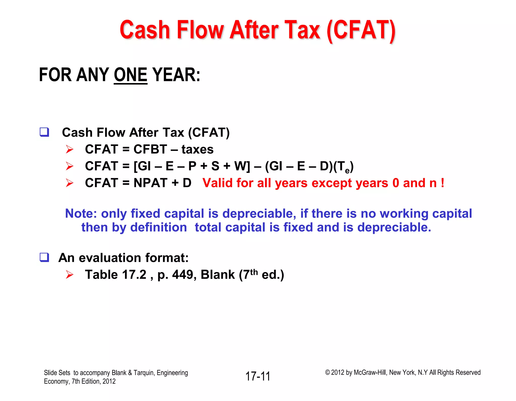 Cash Flow After Tax (CFAT)
FOR ANY ONE YEAR:
 Cash Flow After Tax (CFAT)
 CFAT = CFBT – taxes
 CFAT = [GI – E – P + S + W] – (GI – E – D)(Te)
 CFAT = NPAT + D Valid for all years except years 0 and n !
Note: only fixed capital is depreciable, if there is no working capital
then by definition total capital is fixed and is depreciable.
 An evaluation format:
 Table 17.2 , p. 449, Blank (7th ed.)
Slide Sets to accompany Blank & Tarquin, Engineering
Economy, 7th Edition, 2012 17-11 © 2012 by McGraw-Hill, New York, N.Y All Rights Reserved
 