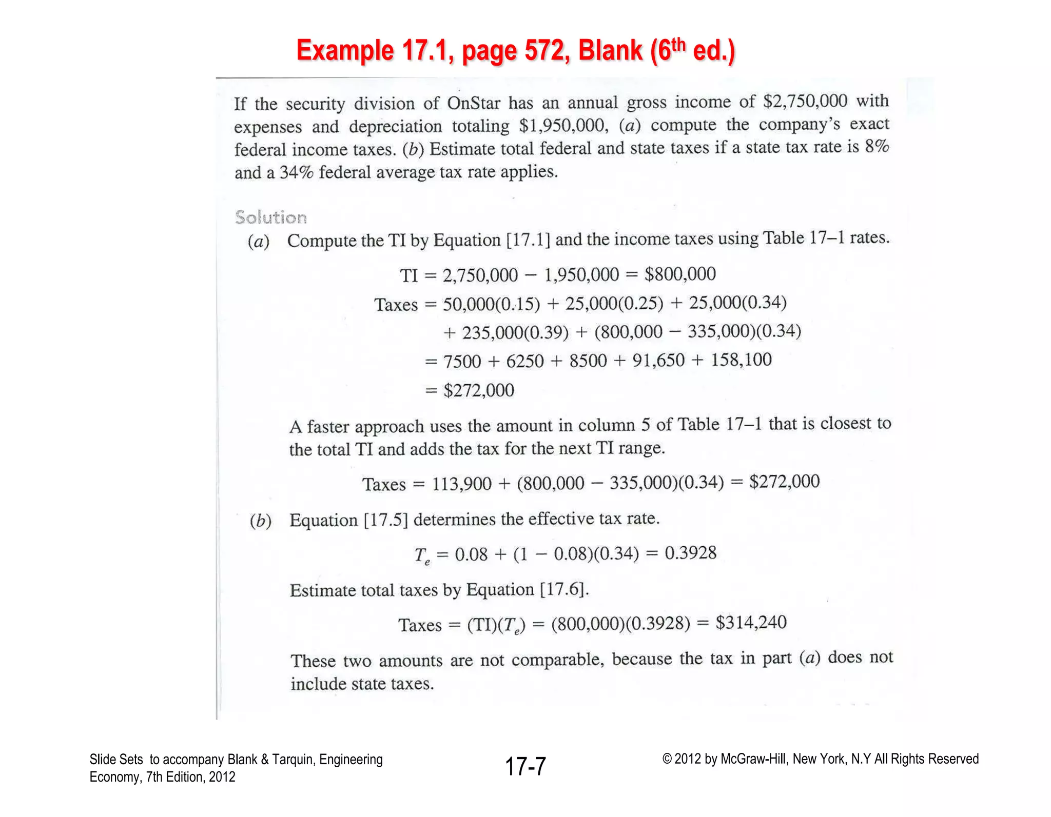 Example 17.1, page 572, Blank (6th ed.)
Slide Sets to accompany Blank & Tarquin, Engineering
Economy, 7th Edition, 2012 17-7 © 2012 by McGraw-Hill, New York, N.Y All Rights Reserved
 