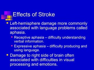 Effects of Stroke
   Left-hemisphere damage more commonly
    associated with language problems called
    aphasia.
       Receptive aphasia – difficulty understanding
        verbal information.
       Expressive aphasia – difficulty producing and
        using language.
   Damage to right side of brain often
    associated with difficulties in visual
    processing and emotions.
 