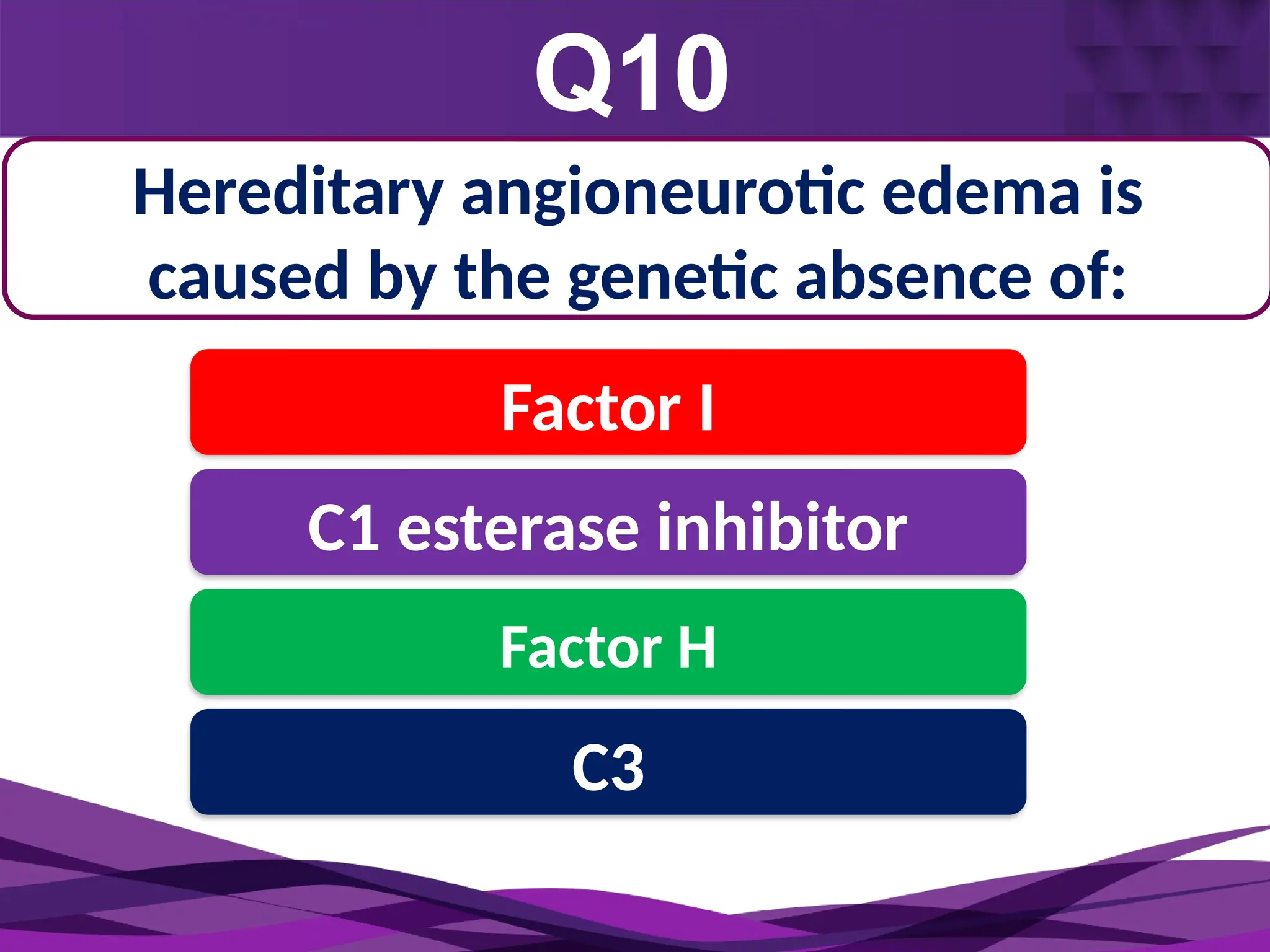 Q10
Monocyte
2-3 days
Hereditary angioneurotic edema is
caused by the genetic absence of:
Factor I
C1 esterase inhibitor
Factor H
C3
 