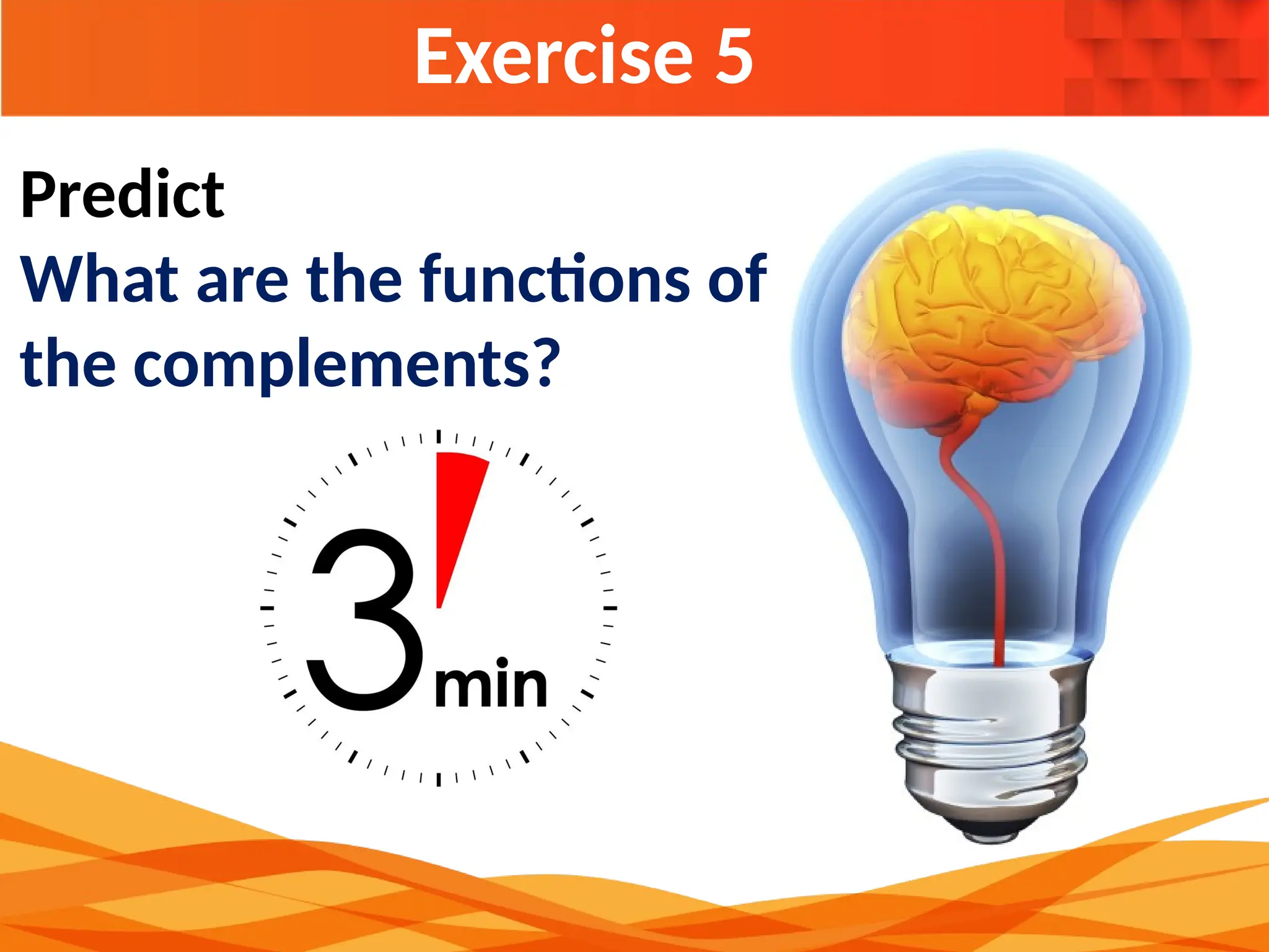 Exercise 5
Predict
What are the functions of
the complements?
 