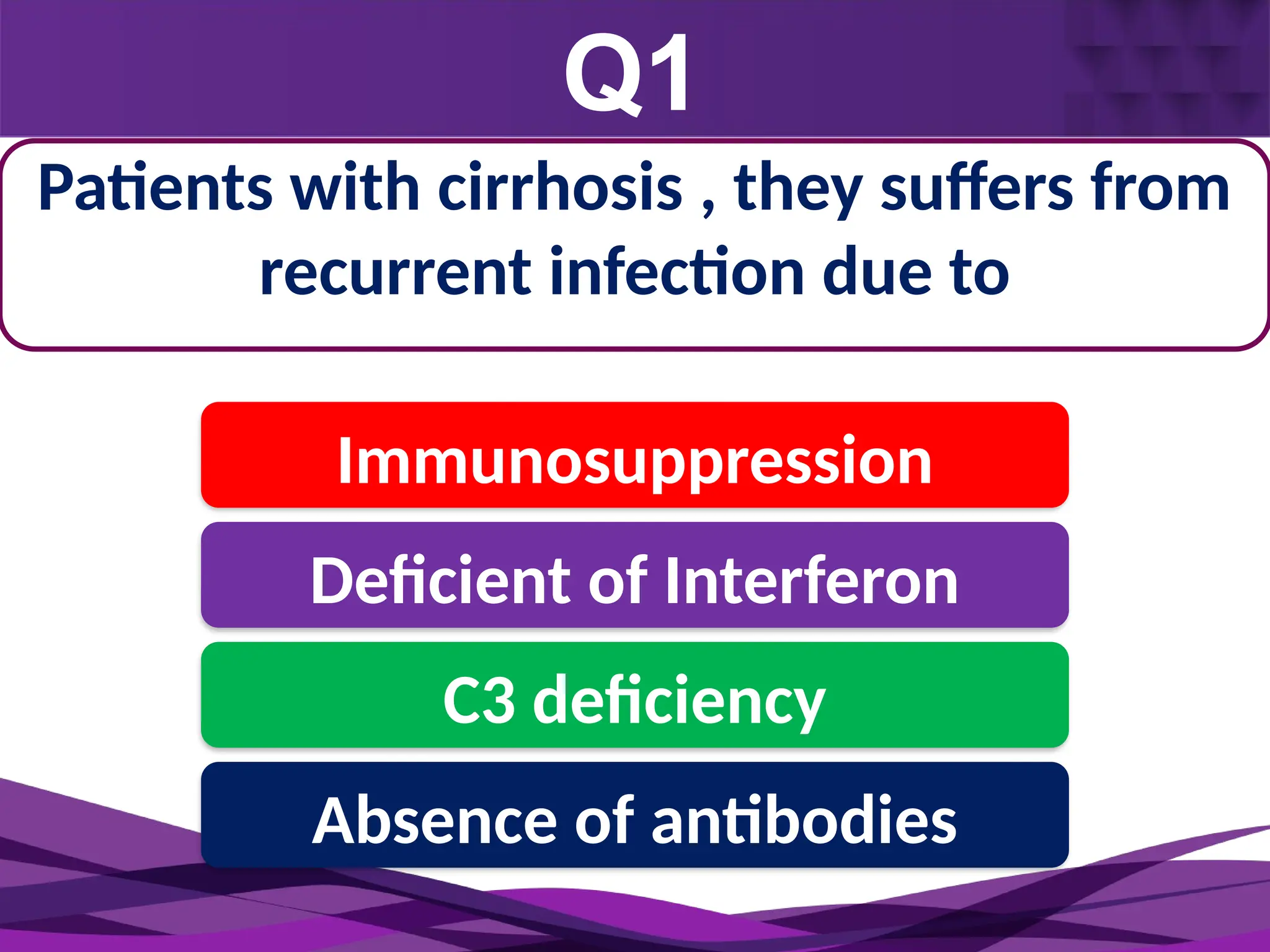 Q1
Patients with cirrhosis , they suffers from
recurrent infection due to
Monocyte
2-3 days
Monocyte
2-3 days
Immunosuppression
Deficient of Interferon
C3 deficiency
Absence of antibodies
 