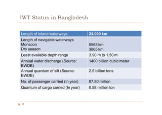 IWT Status in Bangladesh
Length of inland waterways 24,000 km
Length of navigable waterways
Monsoon
Dry season
5968 km
3865 km
Least available depth range 3.90 m to 1.50 m
Annual water discharge (Source:
BWDB)
1400 billion cubic meter
Annual quantum of silt (Source:
BWDB)
2.5 billion tons
No. of passenger carried (In year) 87.80 million
Quantum of cargo carried (In year) 0.58 million ton
8
 