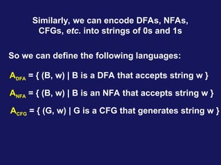 Similarly, we can encode DFAs, NFAs,
CFGs, etc. into strings of 0s and 1s
ADFA = { (B, w) | B is a DFA that accepts string w }
ANFA = { (B, w) | B is an NFA that accepts string w }
ACFG = { (G, w) | G is a CFG that generates string w }
So we can define the following languages:
 