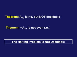Theorem: ATM is r.e. but NOT decidable
Theorem: ATM is not even r.e.!
The Halting Problem is Not Decidable
 