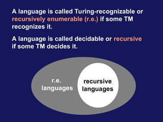 A language is called Turing-recognizable or
recursively enumerable (r.e.) if some TM
recognizes it.
A language is called decidable or recursive
if some TM decides it.
recursive
languages
r.e.
languages
recursive
languages
r.e.
languages
 