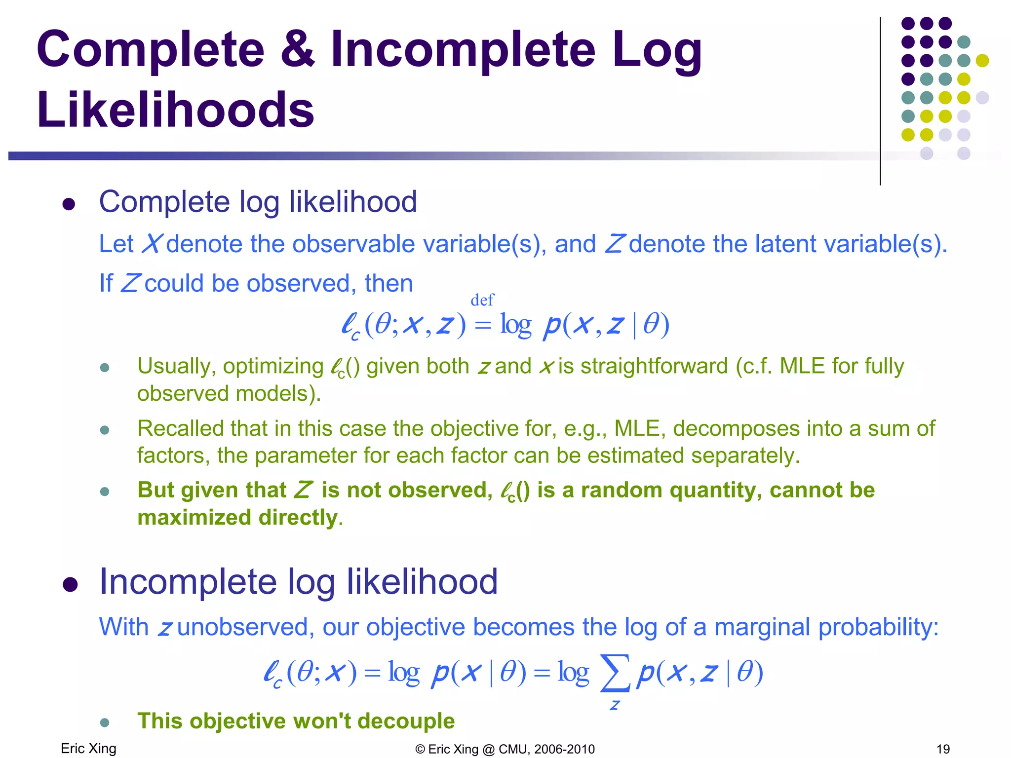 Eric Xing © Eric Xing @ CMU, 2006-2010 19
Complete & Incomplete Log
Likelihoods
 Complete log likelihood
Let X denote the observable variable(s), and Z denote the latent variable(s).
If Z could be observed, then
 Usually, optimizing lc() given both z and x is straightforward (c.f. MLE for fully
observed models).
 Recalled that in this case the objective for, e.g., MLE, decomposes into a sum of
factors, the parameter for each factor can be estimated separately.
 But given that Z is not observed, lc() is a random quantity, cannot be
maximized directly.
 Incomplete log likelihood
With z unobserved, our objective becomes the log of a marginal probability:
 This objective won't decouple
)|,(log),;(
def
θθ zxpzxc =l
∑==
z
c zxpxpx )|,(log)|(log);( θθθl
 