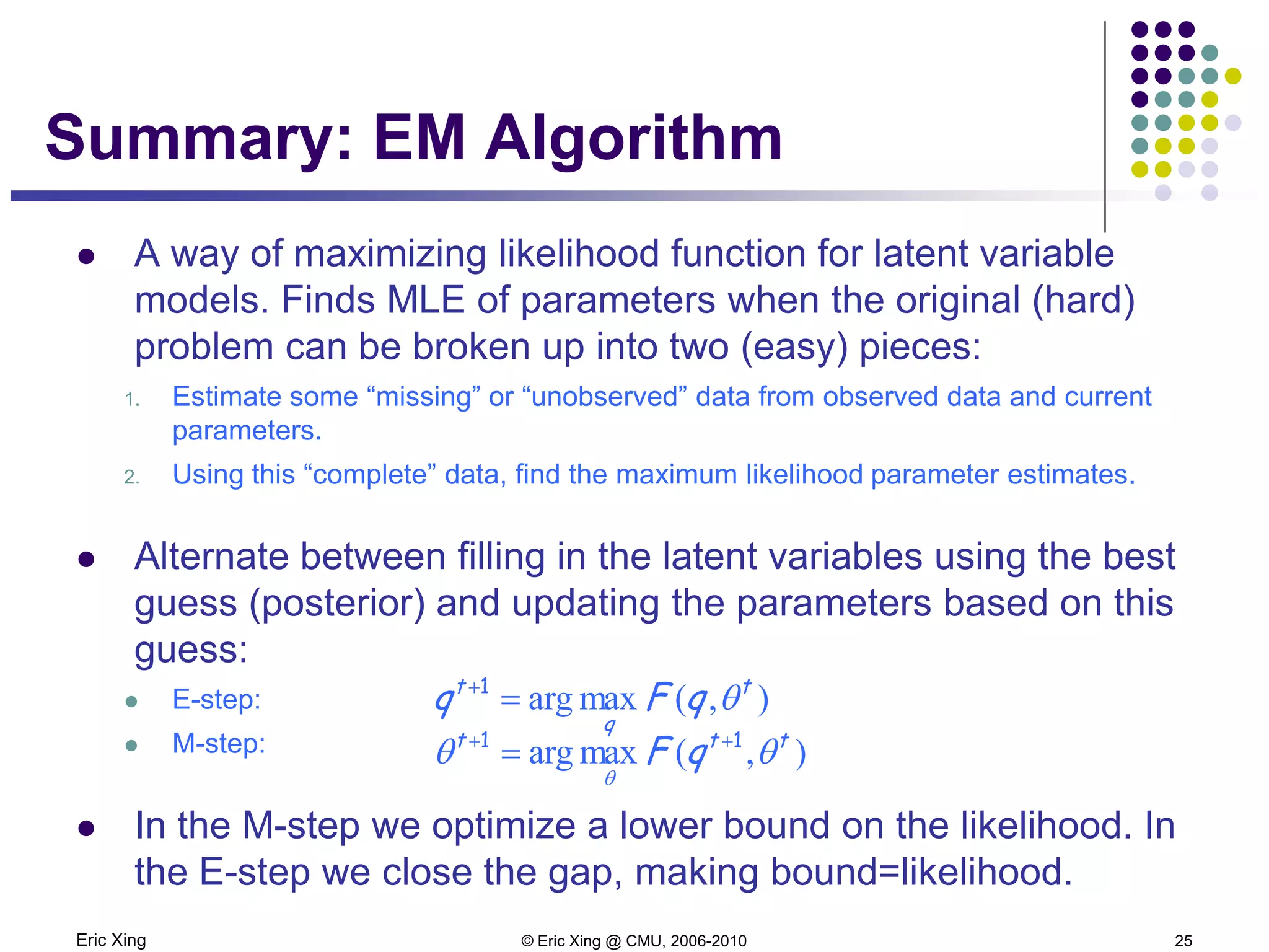 Eric Xing © Eric Xing @ CMU, 2006-2010 25
Summary: EM Algorithm
 A way of maximizing likelihood function for latent variable
models. Finds MLE of parameters when the original (hard)
problem can be broken up into two (easy) pieces:
1. Estimate some “missing” or “unobserved” data from observed data and current
parameters.
2. Using this “complete” data, find the maximum likelihood parameter estimates.
 Alternate between filling in the latent variables using the best
guess (posterior) and updating the parameters based on this
guess:
 E-step:
 M-step:
 In the M-step we optimize a lower bound on the likelihood. In
the E-step we close the gap, making bound=likelihood.
),(maxarg t
q
t
qFq θ=+1
),(maxarg ttt
qF θθ
θ
11 ++
=
 