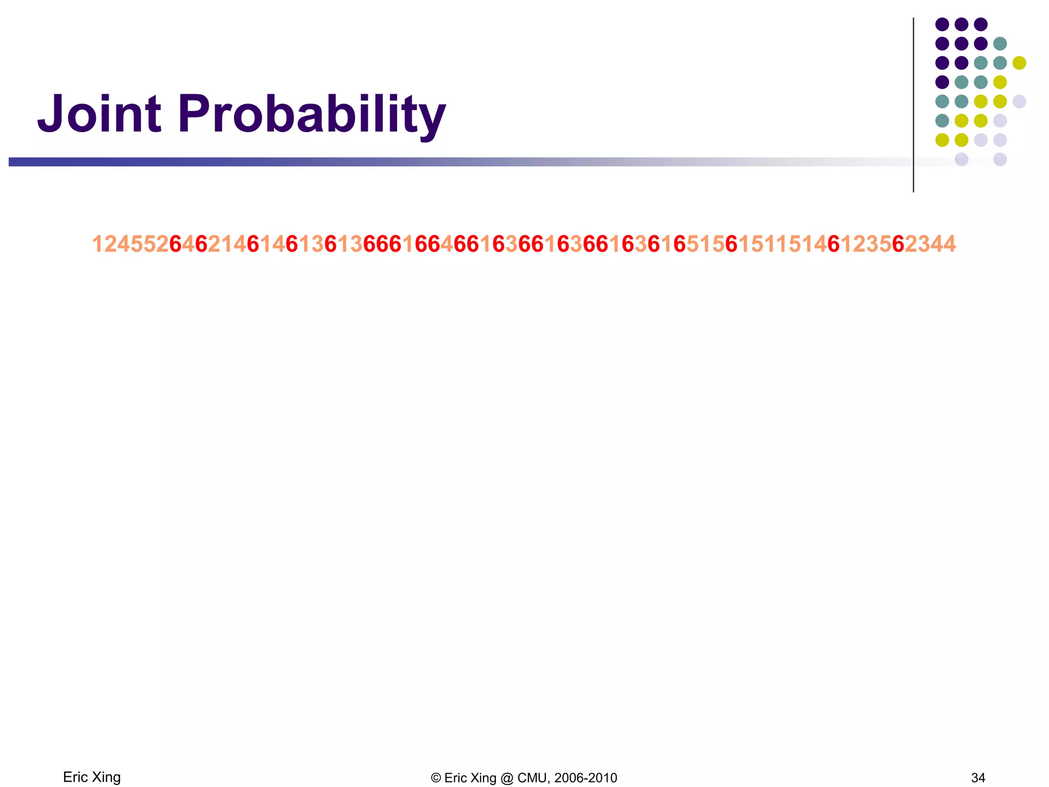 Eric Xing © Eric Xing @ CMU, 2006-2010 34
Joint Probability
1245526462146146136136661664661636616366163616515615115146123562344
 