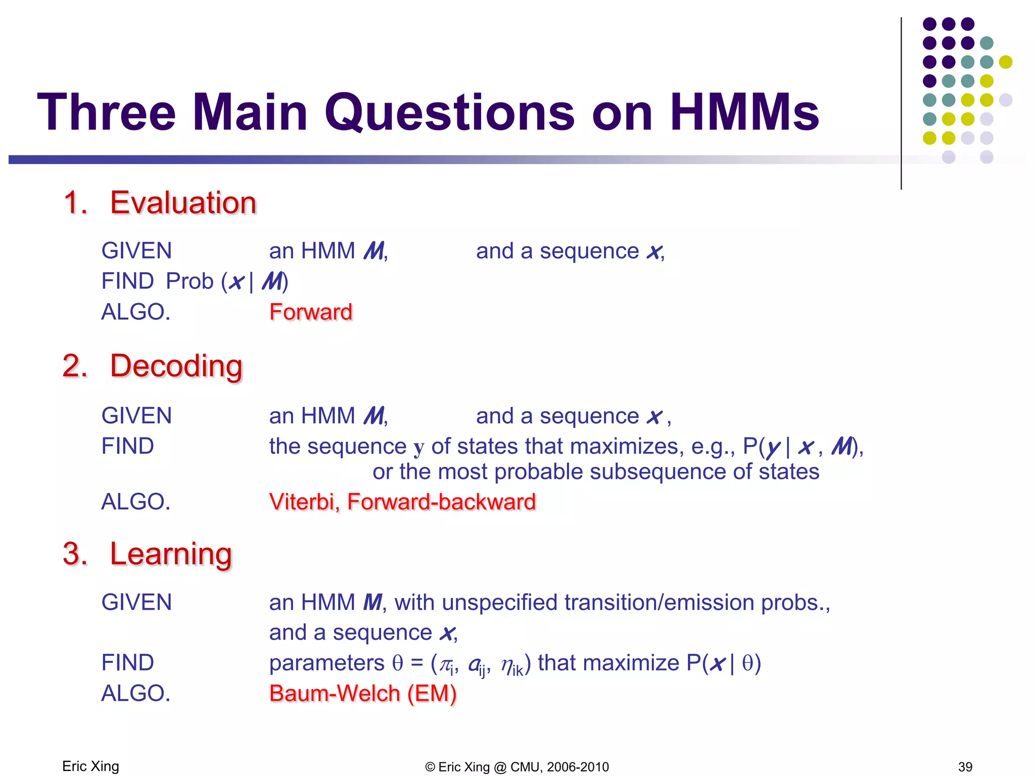 Eric Xing © Eric Xing @ CMU, 2006-2010 39
Three Main Questions on HMMs
1. Evaluation
GIVEN an HMM M, and a sequence x,
FIND Prob (x | M)
ALGO. Forward
2. Decoding
GIVEN an HMM M, and a sequence x ,
FIND the sequence y of states that maximizes, e.g., P(y | x , M),
or the most probable subsequence of states
ALGO. Viterbi, Forward-backward
3. Learning
GIVEN an HMM M, with unspecified transition/emission probs.,
and a sequence x,
FIND parameters θ = (πi, aij, ηik) that maximize P(x | θ)
ALGO. Baum-Welch (EM)
 
