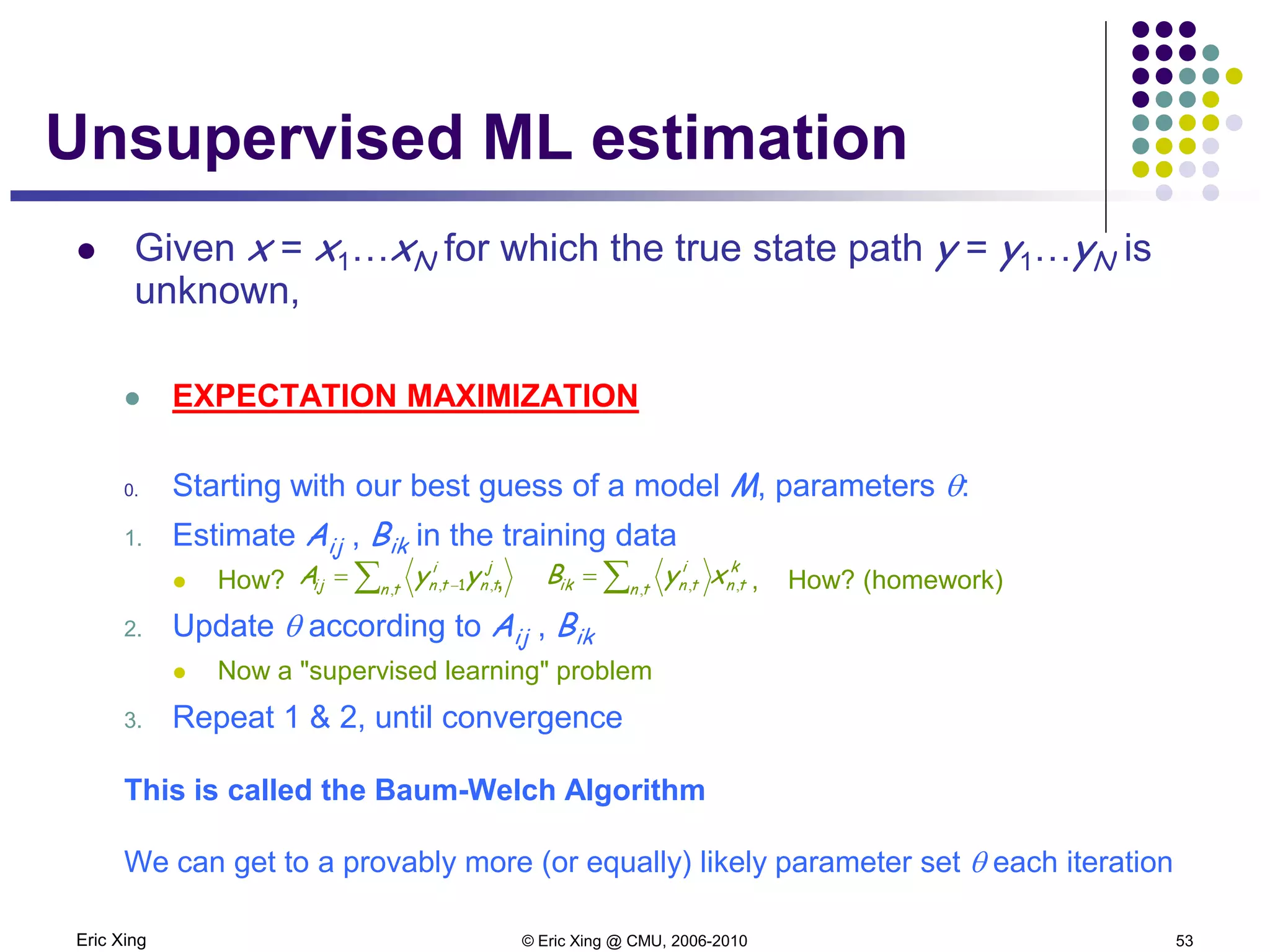 Eric Xing © Eric Xing @ CMU, 2006-2010 53
Unsupervised ML estimation
 Given x = x1…xN for which the true state path y = y1…yN is
unknown,
 EXPECTATION MAXIMIZATION
0. Starting with our best guess of a model M, parameters θ:
1. Estimate Aij , Bik in the training data
 How? , , How? (homework)
2. Update θ according to Aij , Bik
 Now a "supervised learning" problem
3. Repeat 1 & 2, until convergence
This is called the Baum-Welch Algorithm
We can get to a provably more (or equally) likely parameter set θ each iteration
k
tntn
i
tnik xyB ,, ,∑=∑ −= tn
j
tn
i
tnij yyA , ,, 1
 