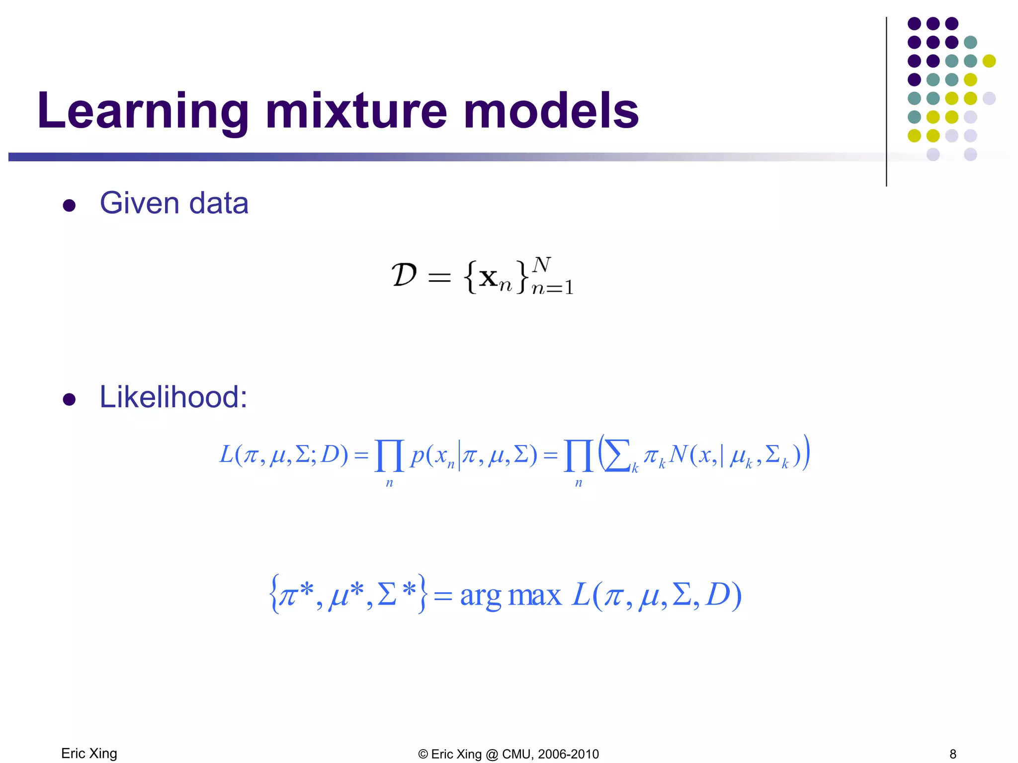 Eric Xing © Eric Xing @ CMU, 2006-2010 8
Learning mixture models
 Given data
 Likelihood:
( )∏ ∑∏ Σ=Σ=Σ
n
k kkk
n
n xNxpDL ),|,(),,();,,( µπµπµπ
{ } ),,,(maxarg**,*, DL Σ=Σ µπµπ
 