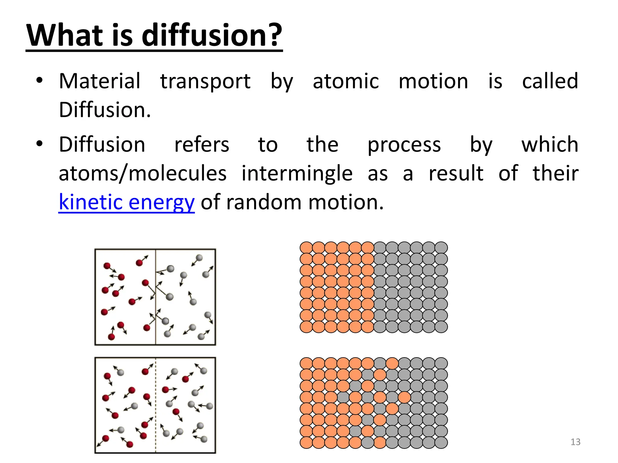 What is diffusion?
• Material transport by atomic motion is called
Diffusion.
• Diffusion refers to the process by which
atoms/molecules intermingle as a result of their
kinetic energy of random motion.
13
 