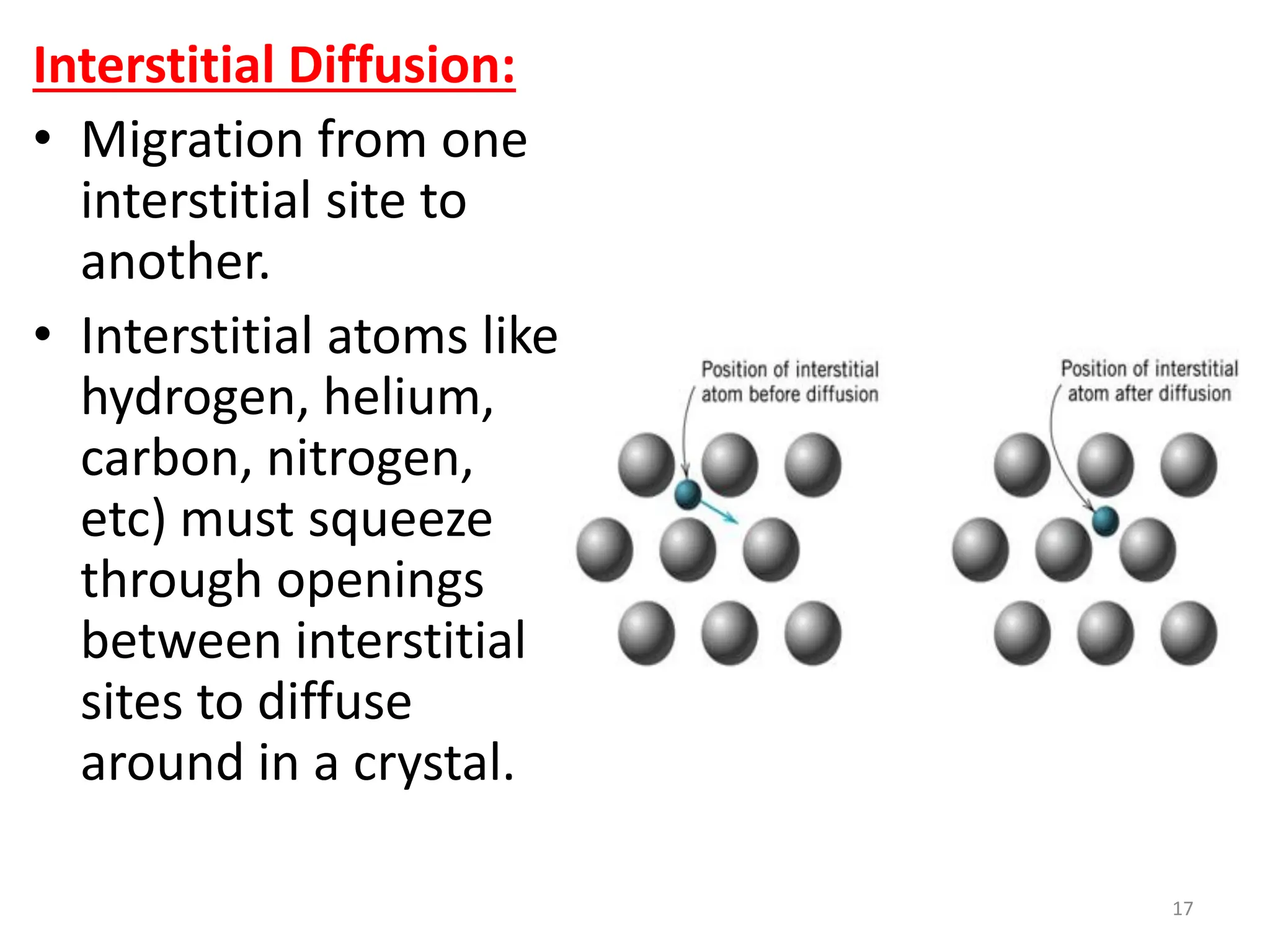 Interstitial Diffusion:
• Migration from one
interstitial site to
another.
• Interstitial atoms like
hydrogen, helium,
carbon, nitrogen,
etc) must squeeze
through openings
between interstitial
sites to diffuse
around in a crystal.
17
 