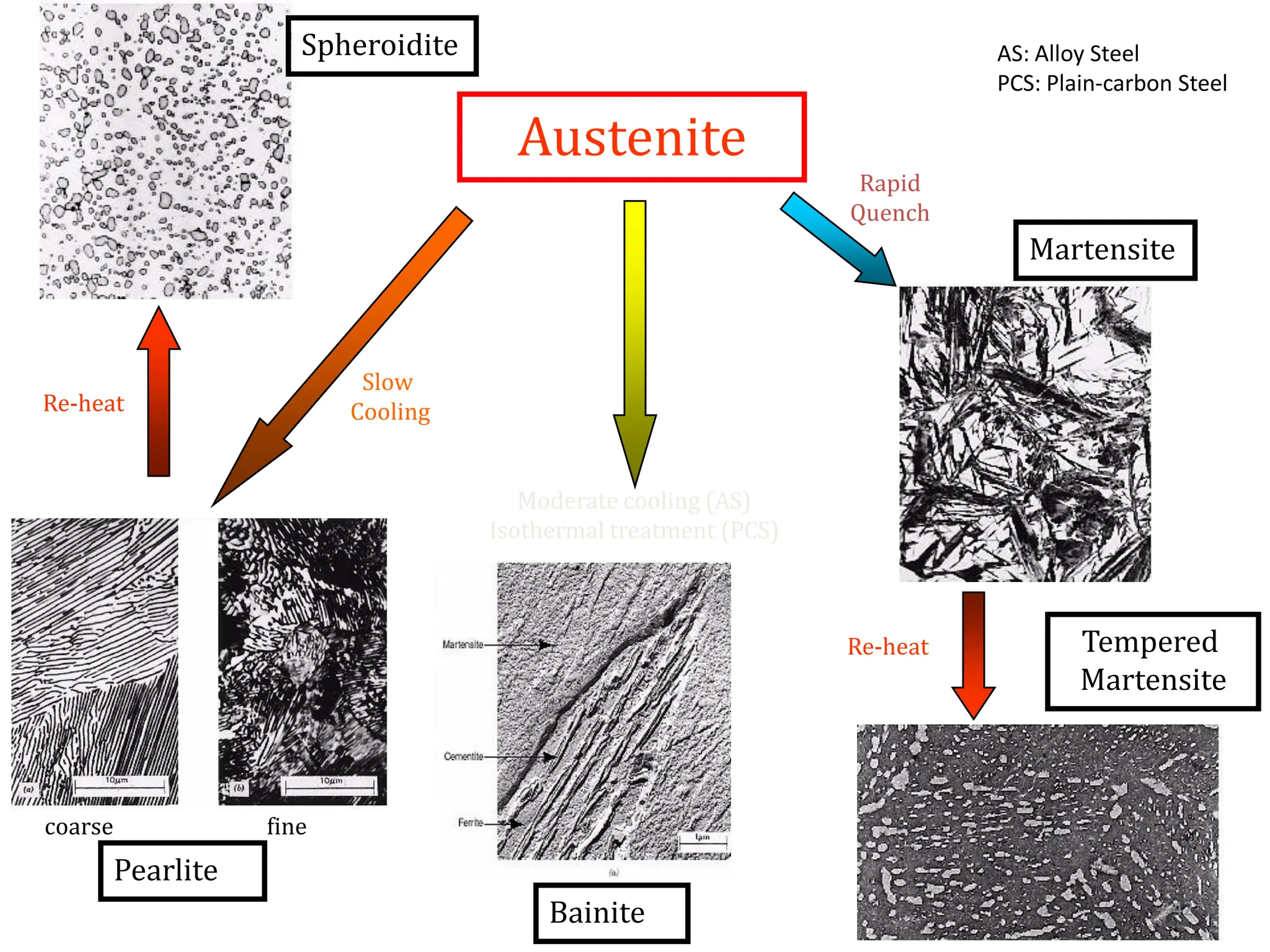 Bainite
coarse fine
Austenite
Martensite
Moderate cooling (AS)
Isothermal treatment (PCS)
Tempered
Martensite
Pearlite
AS: Alloy Steel
PCS: Plain-carbon Steel
Slow
Cooling
Rapid
Quench
Spheroidite
Re-heat
Re-heat
42
 