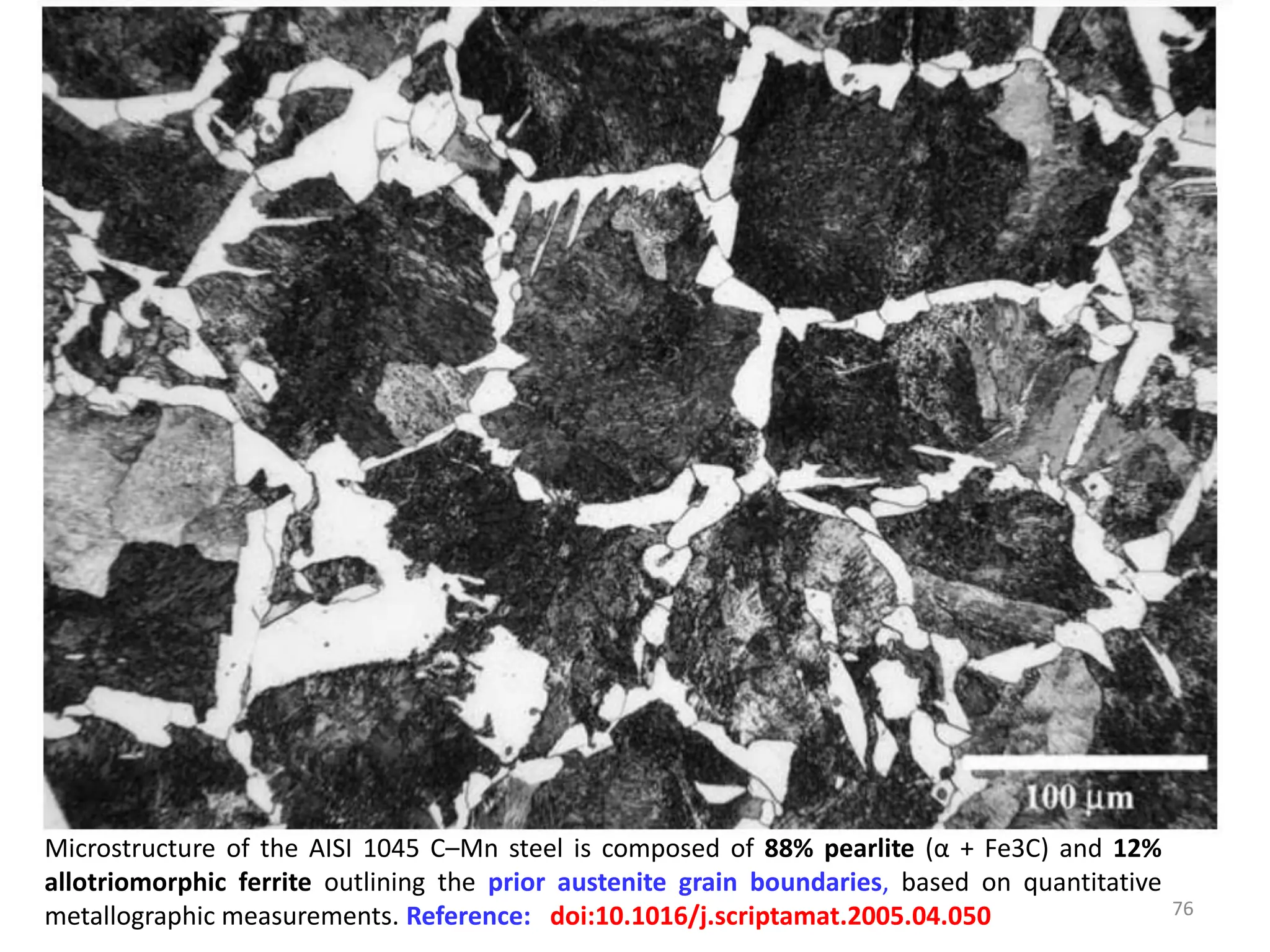 76
Microstructure of the AISI 1045 C–Mn steel is composed of 88% pearlite (α + Fe3C) and 12%
allotriomorphic ferrite outlining the prior austenite grain boundaries, based on quantitative
metallographic measurements. Reference: doi:10.1016/j.scriptamat.2005.04.050
 