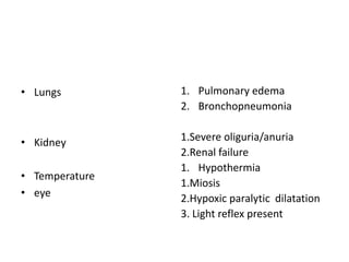 • Lungs
• Kidney
• Temperature
• eye
1. Pulmonary edema
2. Bronchopneumonia
1.Severe oliguria/anuria
2.Renal failure
1. Hypothermia
1.Miosis
2.Hypoxic paralytic dilatation
3. Light reflex present
 