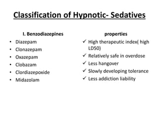 Classification of Hypnotic- Sedatives
I. Benzodiazepines
• Diazepam
• Clonazepam
• Oxazepam
• Clobazam
• Clordiazepoxide
• Midazolam
properties
 High therapeutic index( high
LD50)
 Relatively safe in overdose
 Less hangover
 Slowly developing tolerance
 Less addiction liability
 