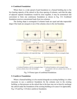 16
4- Combined Foundation:
Where there is a wide spread of pad foundation to a framed building due to the
low bearing capacity of the subsoil or the close spacing of columns, such that the edge
of adjacent separate foundations would be close together, it may be economical and
convenient to form one continuous foundation as shown in Fig. 3-8. Combined
foundation receives concentrated loads from two columns.
The footing shape is rectangular if columns loads are equal and take trapezoidal
shape if the loads are unequal or one of the columns close to the site boundary.
a-Combined foundation with rectangular shape b- Combined foundation with rectangular shape
not symmetric symmetric
c- Combined foundation with trapezoidal shape d- Combined foundation with two rectangular shape
e- Combined foundation with two rectangular shape f- Combined foundation with rectangular shape
with one columns close to the site boundary not symmetric with one columns close to the site
boundary
Fig. 3-8 Some types of combined foundations
5- Cantilever Foundation:
Where a framed building is to be erected alongside an existing building it is often
necessary to use a cantilever foundation for the columns next to the existing
building, so that pressure on the subsoil due to the base may not so heavily surcharge
the subsoil under the foundation of the existing building as to cause it to appreciably.
Fig. 3-9 and Fig. 3-10 show cantilever foundation.
 
