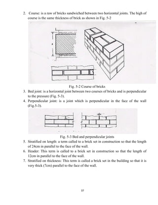 37
2. Course: is a raw of bricks sandwiched between two horizontal joints. The high of
course is the same thickness of brick as shown in Fig. 5-2
Fig. 5-2 Course of bricks
3. Bed joint: is a horizontal joint between two courses of bricks and is perpendicular
to the pressure (Fig. 5-3).
4. Perpendicular joint: is a joint which is perpendicular in the face of the wall
(Fig.5-3).
Fig. 5-3 Bed and perpendicular joints
5. Stratified on length: a term called to a brick set in construction so that the length
of 24cm in parallel to the face of the wall.
6. Header: This term is called to a brick set in construction so that the length of
12cm in parallel to the face of the wall.
7. Stratified on thickness: This term is called a brick set in the building so that it is
very thick (7cm) parallel to the face of the wall.
 