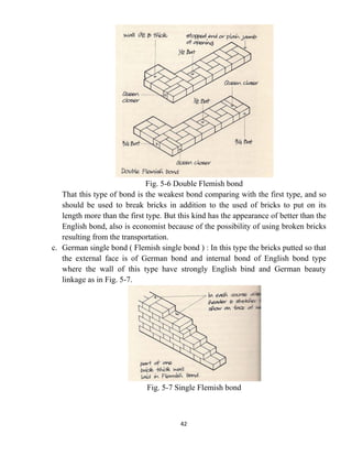 42
Fig. 5-6 Double Flemish bond
That this type of bond is the weakest bond comparing with the first type, and so
should be used to break bricks in addition to the used of bricks to put on its
length more than the first type. But this kind has the appearance of better than the
English bond, also is economist because of the possibility of using broken bricks
resulting from the transportation.
c. German single bond ( Flemish single bond ) : In this type the bricks putted so that
the external face is of German bond and internal bond of English bond type
where the wall of this type have strongly English bind and German beauty
linkage as in Fig. 5-7.
Fig. 5-7 Single Flemish bond
 