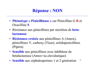 Réponse : NON
• Phénotype « Pénicillinase » car Pénicilline G R et
Oxacilline S
• Résistance aux pénicillines par sécrétion de beta-
lactamase
• Résistance croisée aux pénicillines A (Amox),
pénicillines V, carboxy (Ticar), uréidopenicillines
(Pipéra)
• Sensible aux pénicillines avec inhibiteur de
betalactamase (Amox+ac.clavulanique)
• Sensible aux céphalosporines 1 et 2 génération 12
 