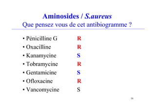 Aminosides / S.aureus
Que pensez vous de cet antibiogramme ?
• Pénicilline G R
• Oxacilline R
• Kanamycine S
• Tobramycine R
• Gentamicine S
• Ofloxacine R
• Vancomycine S
16
 