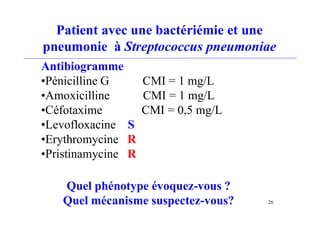 Patient avec une bactériémie et une
pneumonie à Streptococcus pneumoniae
Antibiogramme
•Pénicilline G CMI = 1 mg/L
•Amoxicilline CMI = 1 mg/L
•Céfotaxime CMI = 0,5 mg/L
•Levofloxacine S
•Erythromycine R
•Pristinamycine R
Quel phénotype évoquez-vous ?
Quel mécanisme suspectez-vous? 26
 