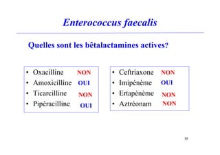 Enterococcus faecalis
• Oxacilline
• Amoxicilline
• Ticarcilline
• Pipéracilline
• Ceftriaxone
• Imipénème
• Ertapénème
• Aztréonam
Quelles sont les bêtalactamines actives?
NON
OUI
NON
OUI NON
NON
OUI
NON
30
 