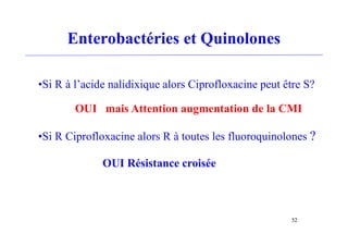 Enterobactéries et Quinolones
•Si R à l’acide nalidixique alors Ciprofloxacine peut être S?
•Si R Ciprofloxacine alors R à toutes les fluoroquinolones ?
52
OUI mais Attention augmentation de la CMI
OUI Résistance croisée
 