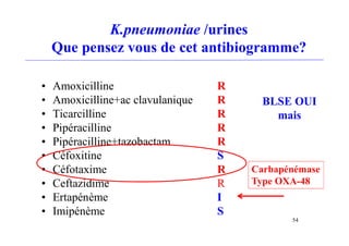 K.pneumoniae /urines
Que pensez vous de cet antibiogramme?
• Amoxicilline R
• Amoxicilline+ac clavulanique R
• Ticarcilline R
• Pipéracilline R
• Pipéracilline+tazobactam R
• Céfoxitine S
• Céfotaxime R
• Ceftazidime R
• Ertapénème I
• Imipénème S
54
BLSE OUI
mais
Carbapénémase
Type OXA-48
 