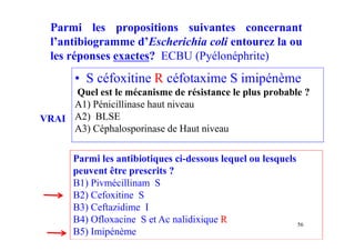 Parmi les propositions suivantes concernant
l’antibiogramme d’Escherichia coli entourez la ou
les réponses exactes? ECBU (Pyélonéphrite)
• S céfoxitine R céfotaxime S imipénème
Quel est le mécanisme de résistance le plus probable ?
A1) Pénicillinase haut niveau
A2) BLSE
A3) Céphalosporinase de Haut niveau
56
VRAI
Parmi les antibiotiques ci-dessous lequel ou lesquels
peuvent être prescrits ?
B1) Pivmécillinam S
B2) Cefoxitine S
B3) Ceftazidime I
B4) Ofloxacine S et Ac nalidixique R
B5) Imipénème
 