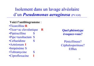Isolement dans un lavage alvéolaire
d’un Pseudomonas aeruginosa (PVAM)
Voici l’antibiogramme :
•Ticarcilline R
•Ticar+ac clavulanique R
•Pipéracilline S
•Pipe+tazobactam S
•Ceftazidime S
•Aztréonam I
•Imipénème S
•Tobramycine S
•Ciprofloxacine I
59
Quel phénotype
évoquez-vous?
Pénicillinase?
Céphalosporinase?
Efflux
 