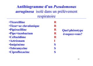 Antibiogramme d’un Pseudomonas
aeruginosa isolé dans un prélèvement
respiratoire
61
•Ticarcilline R
•Ticar+ac clavulanique R
•Pipéracilline R
•Pipe+tazobactam R
•Ceftazidime R
•Aztréonam I
•Imipénème S
•Tobramycine S
•Ciprofloxacine S
Quel phénotype
évoquez-vous?
 