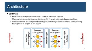 • Softmax
• Multi-class classification which uses a softmax activation function
• Maps each real number to a number in the (0; 1) range. Interpreted as probabilities
• In each iteration, the component with higher probability is selected and its corresponding
token passes to be part of the output
Architecture
Input
Tree
Embedding
Layer
Encoder
LSTM network
Output
Tree
Layer
Softmax
Decoder
LSTM network
Attention
Layer
Input
Model
Output
Model
14
 
