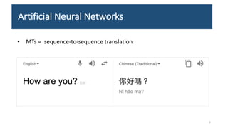 Artificial Neural Networks
• MTs ≈ sequence-to-sequence translation
6
 