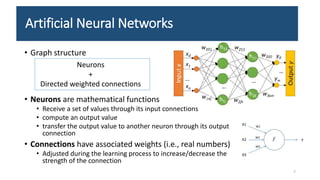 Artificial Neural Networks
• Graph structure
• Neurons are mathematical functions
• Receive a set of values through its input connections
• compute an output value
• transfer the output value to another neuron through its output
connection
• Connections have associated weights (i.e., real numbers)
• Adjusted during the learning process to increase/decrease the
strength of the connection
7
Neurons
+
Directed weighted connections
 