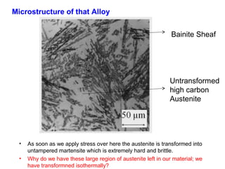 • As soon as we apply stress over here the austenite is transformed into
untampered martensite which is extremely hard and brittle.
• Why do we have these large region of austenite left in our material; we
have transformned isothermally?
Bainite Sheaf
Untransformed
high carbon
Austenite
Microstructure of that Alloy
 