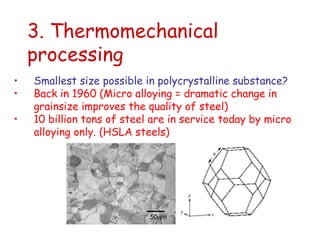 3. Thermomechanical
processing
• Smallest size possible in polycrystalline substance?
• Back in 1960 (Micro alloying = dramatic change in
grainsize improves the quality of steel)
• 10 billion tons of steel are in service today by micro
alloying only. (HSLA steels)
 