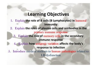 Learning Objectives
1. Explain the role of B cells (B Lymphocytes) in humoralhumoral
immunity
2. Explain the roles of plasma cells and antibodies in the
primary immune response
3. Explain the role of memory cells in the secondary
immune response
4. Explain how antigenic variation affects the body's
response to infection
5. Introduce medical students to human pathologies related to
LB dysfunction
1. Explain the role of B cells (B Lymphocytes) in humoralhumoral
immunity
2. Explain the roles of plasma cells and antibodies in the
primary immune response
3. Explain the role of memory cells in the secondary
immune response
4. Explain how antigenic variation affects the body's
response to infection
5. Introduce medical students to human pathologies related to
LB dysfunction
 